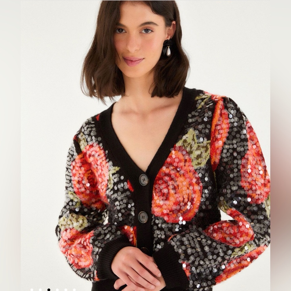 Farm Rio Black Latin Roses Buttoned Sequined Knit Cardigan Size Medium